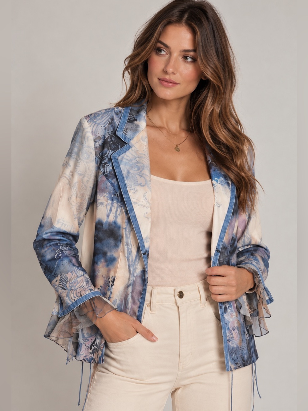 Vintage Boho Chic Lace Up Watercolor Blazer 8 M